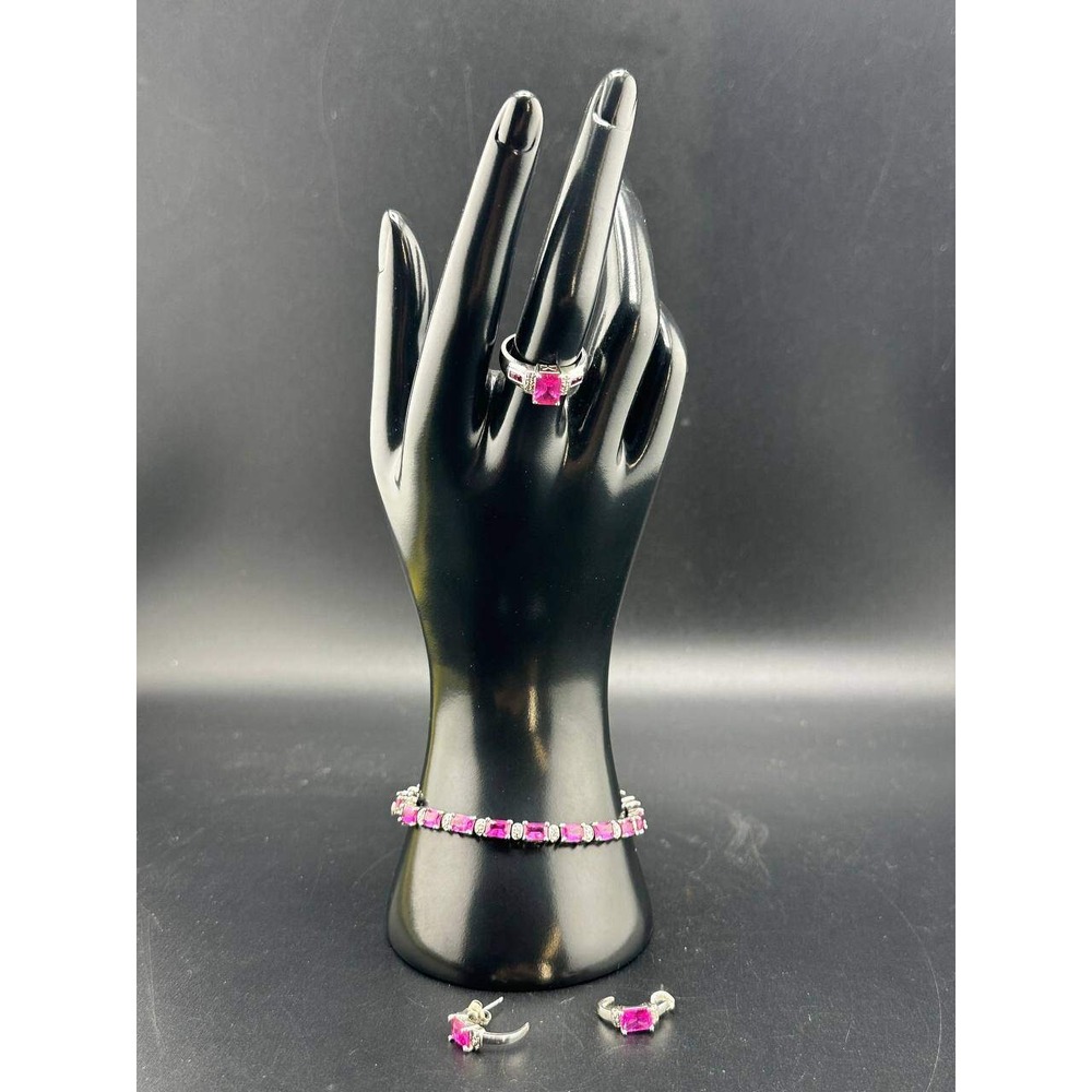 925 Silver Pink‎ Stone Bracelet Ring Earrings Set 051(73)